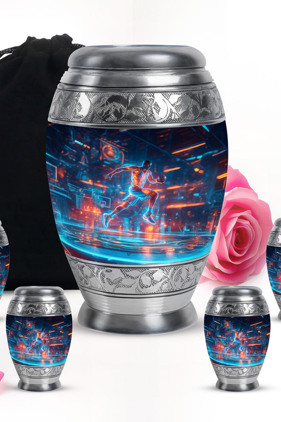 Azure Basketball Cremation Urn detail view - regal basketball design with crown-inspired accents - memorial set with one large and four small urns