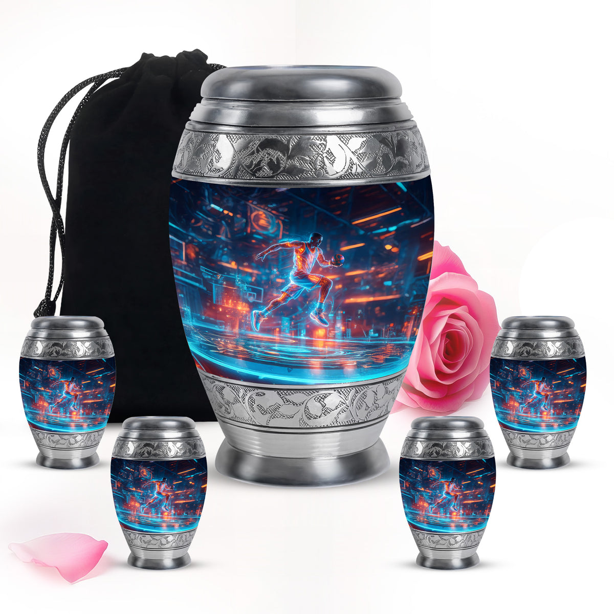 Azure Basketball Cremation Urn detail view - regal basketball design with crown-inspired accents - memorial set with one large and four small urns