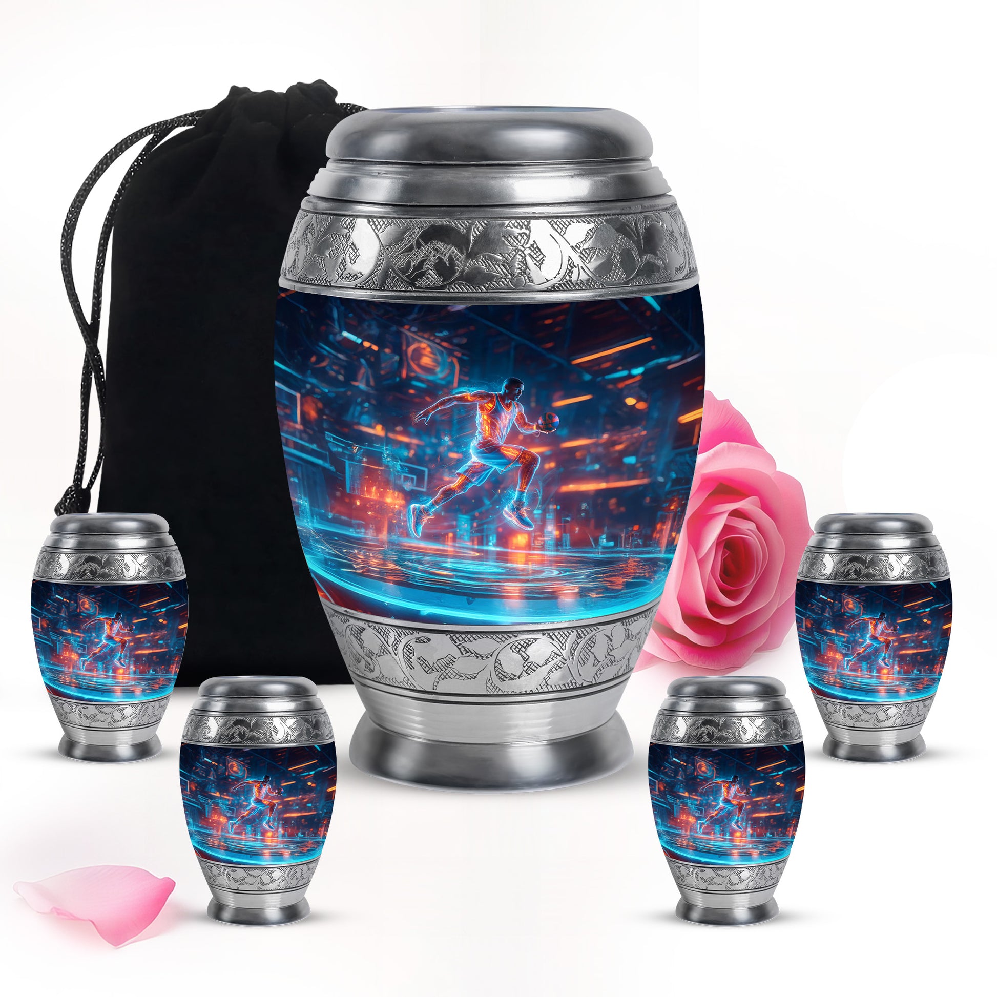 Azure Basketball Cremation Urn detail view - regal basketball design with crown-inspired accents - memorial set with one large and four small urns
