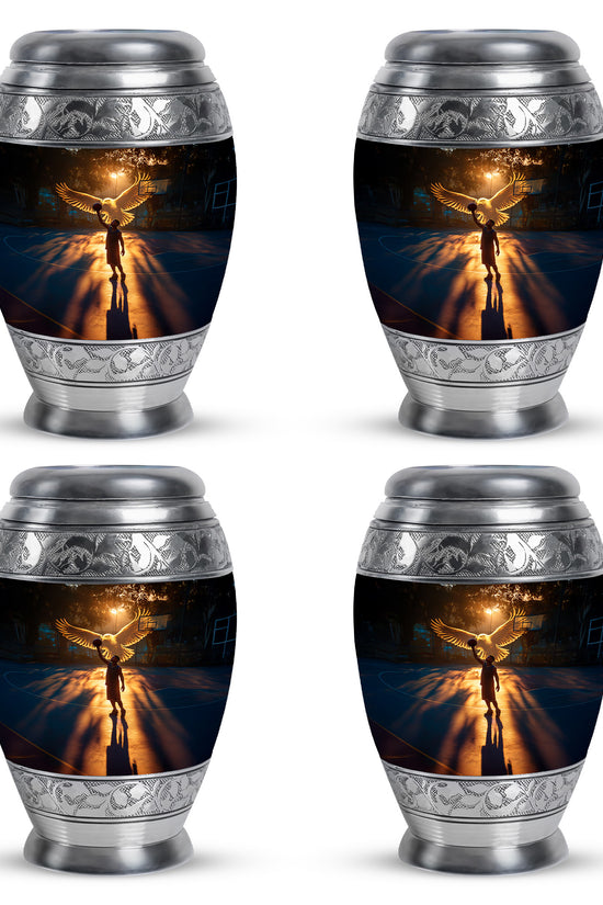 Glossy Black Basketball Cremation Urn urn with complimentary velvet bag - regal basketball design with crown-inspired accents - 10 inch aluminum urn for cremated remains