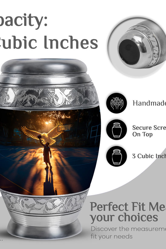 Onyx Black Basketball Cremation Urn lifestyle display on memorial shelf - royal basketball engraving with decorative scrollwork - mini keepsake memorial for portion of cremation ashes