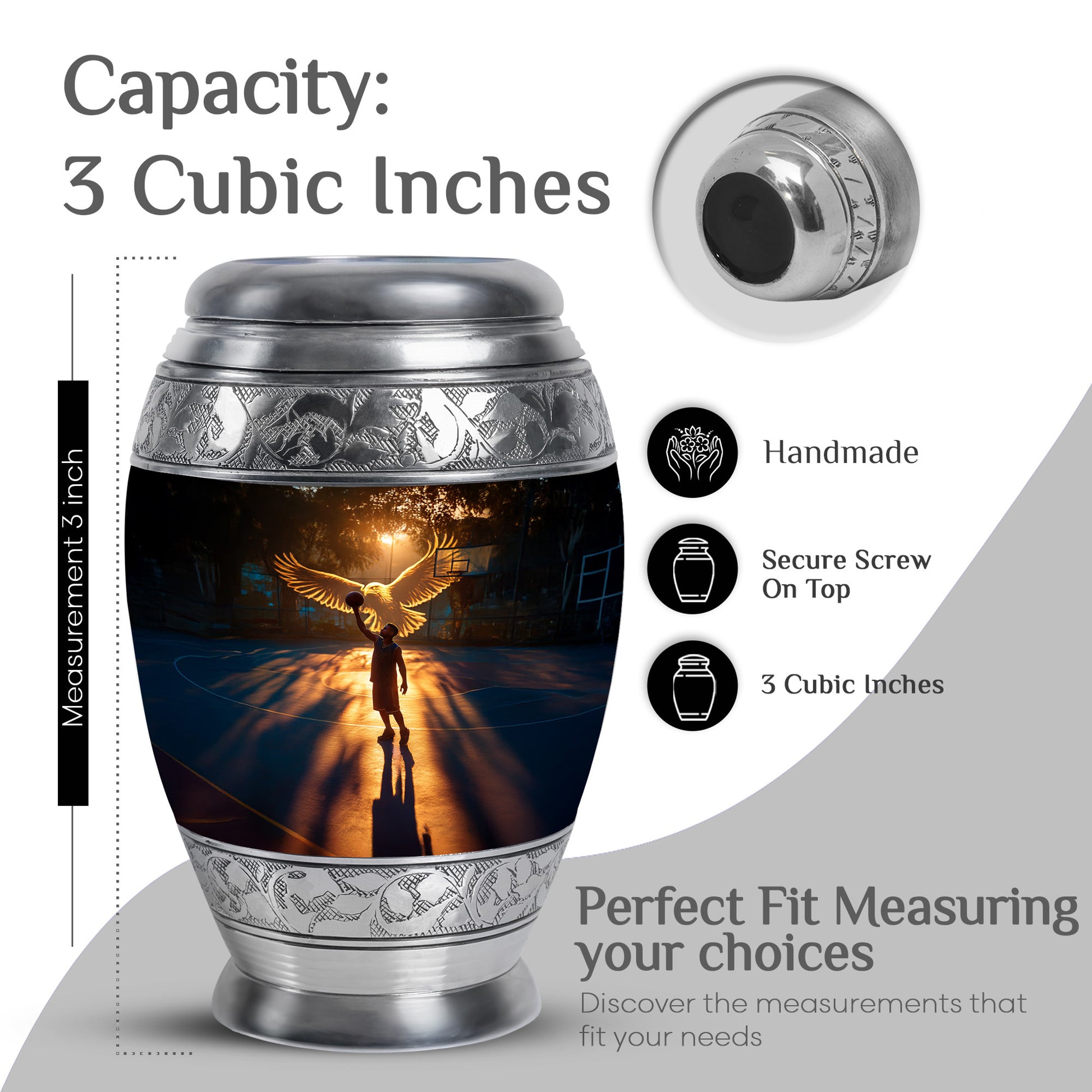 Onyx Black Basketball Cremation Urn lifestyle display on memorial shelf - royal basketball engraving with decorative scrollwork - mini keepsake memorial for portion of cremation ashes