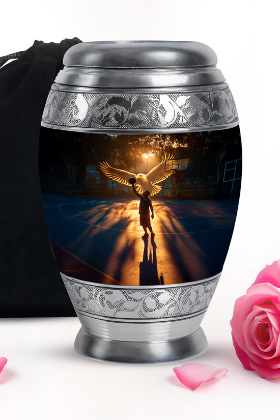 Jet Black Basketball Cremation Urn back view with polished surface - regal basketball design with crown-inspired accents - full-size 10 inch 200 cubic inch adult cremation urn