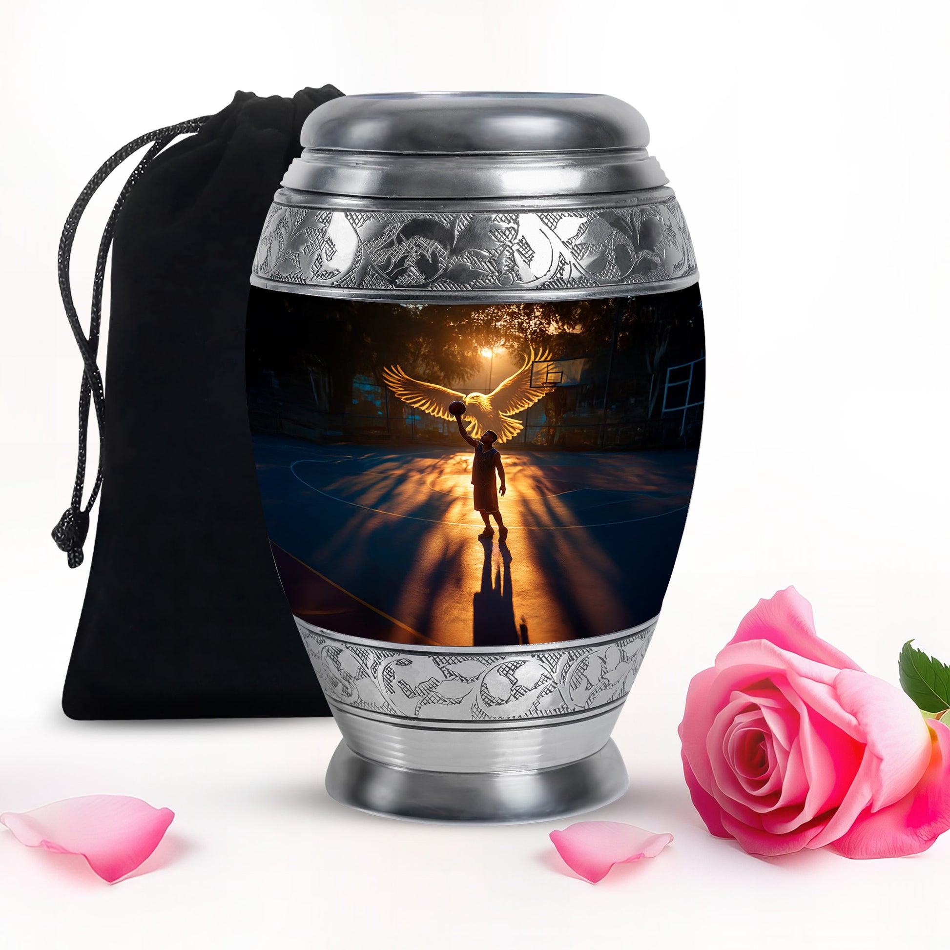 Jet Black Basketball Cremation Urn back view with polished surface - regal basketball design with crown-inspired accents - full-size 10 inch 200 cubic inch adult cremation urn