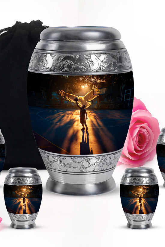 Dark Black Basketball Cremation Urn detail view - royal basketball engraving with decorative scrollwork - memorial set with one large and four small urns