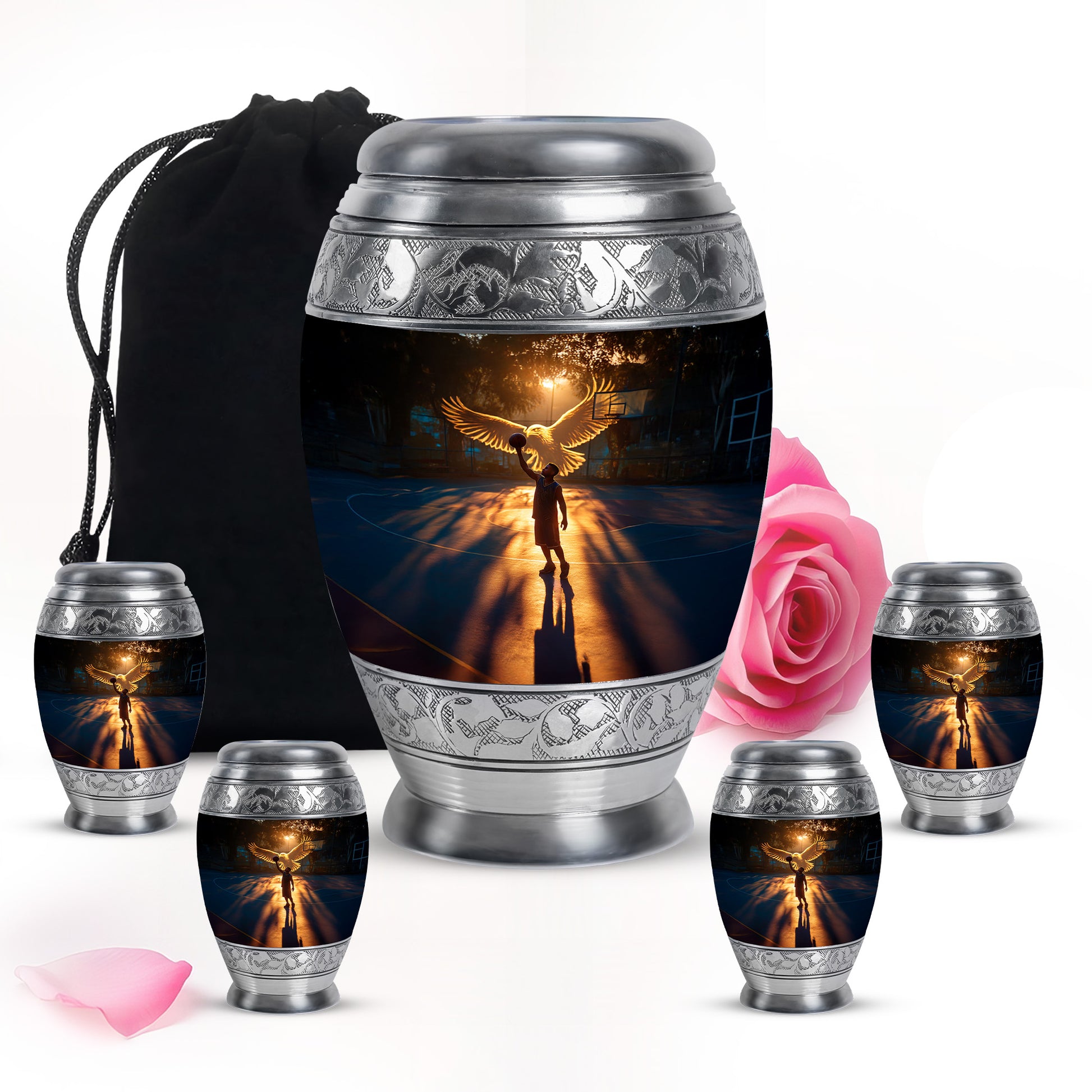 Dark Black Basketball Cremation Urn detail view - royal basketball engraving with decorative scrollwork - memorial set with one large and four small urns