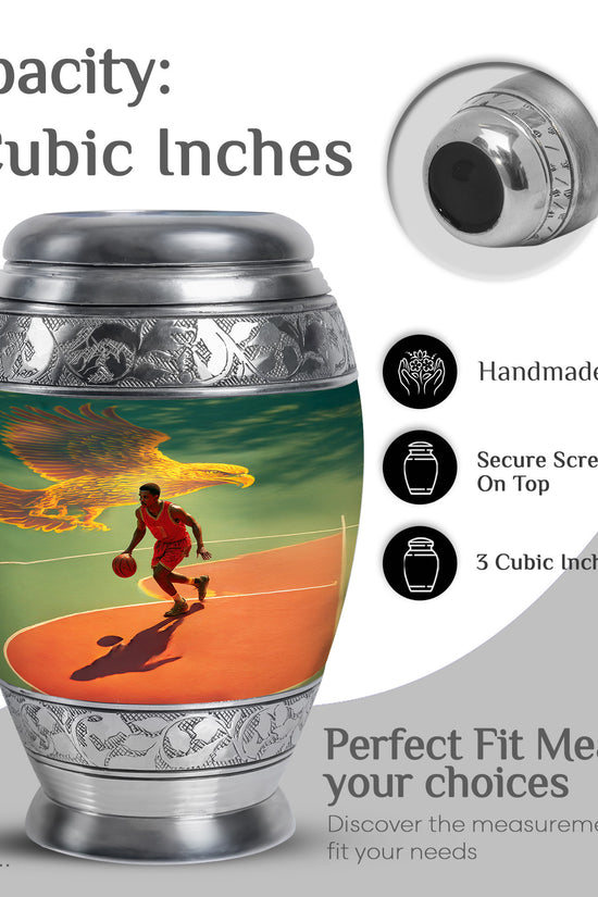 Jewel Teal Basketball Cremation Urn lifestyle display on memorial shelf - regal basketball design with crown-inspired accents - mini keepsake memorial for portion of cremation ashes