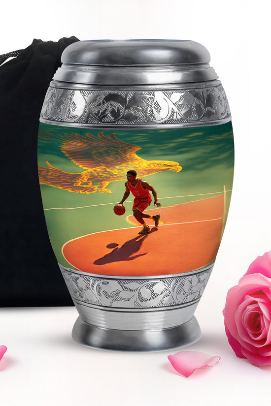 Aqua Teal Basketball Cremation Urn back view with polished surface - royal basketball engraving with decorative scrollwork - full-size 10 inch 200 cubic inch adult cremation urn