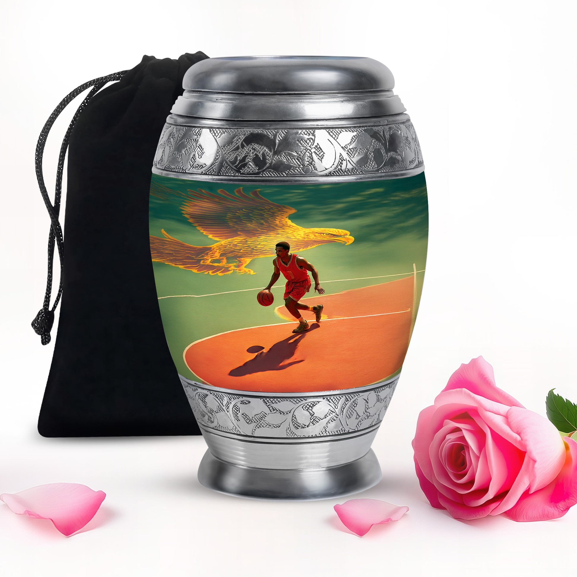 Aqua Teal Basketball Cremation Urn back view with polished surface - royal basketball engraving with decorative scrollwork - full-size 10 inch 200 cubic inch adult cremation urn