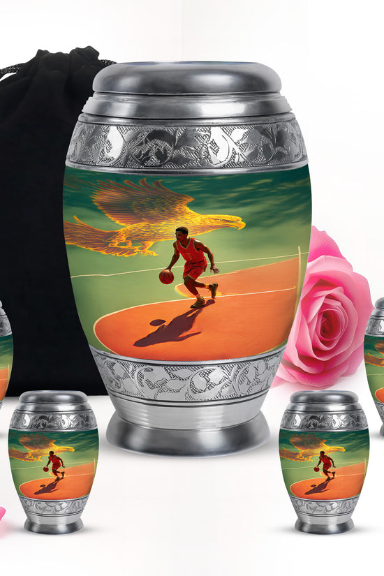 Aqua Teal Basketball Cremation Urn detail view - royal basketball engraving with decorative scrollwork - memorial set with one large and four small urns