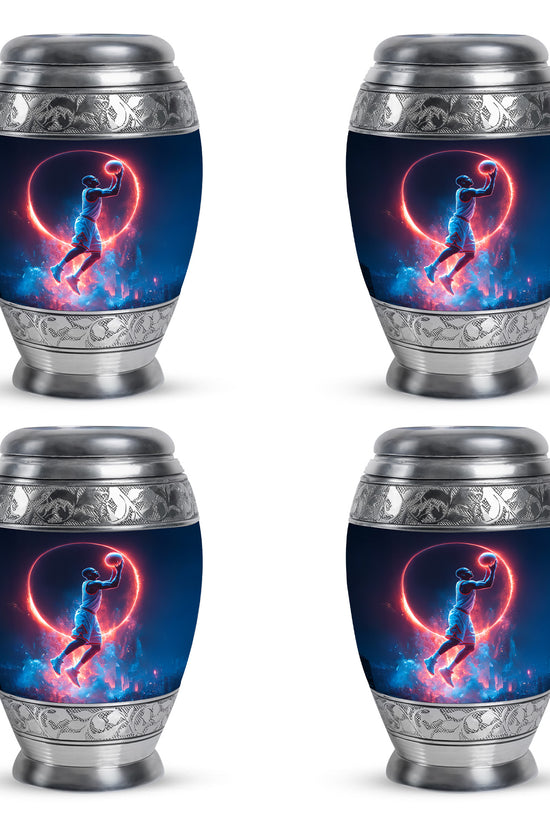 Soft Blue Basketball Cremation Urn urn with complimentary velvet bag - majestic basketball pattern with filigree border - 10 inch aluminum urn for cremated remains