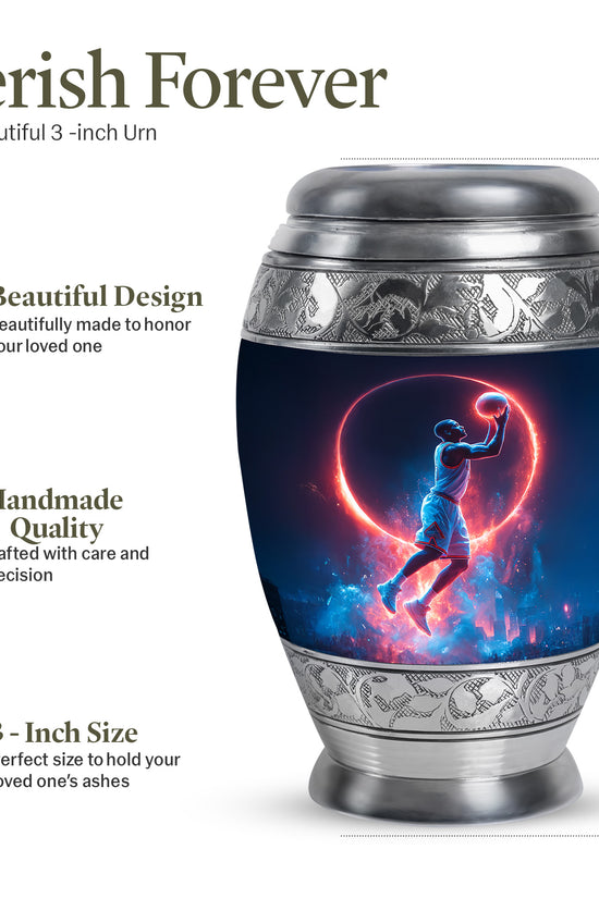 Azure Basketball Cremation Urn lifestyle display on memorial shelf - ornate monarch-style basketball relief on brushed aluminum - mini keepsake memorial for portion of cremation ashes