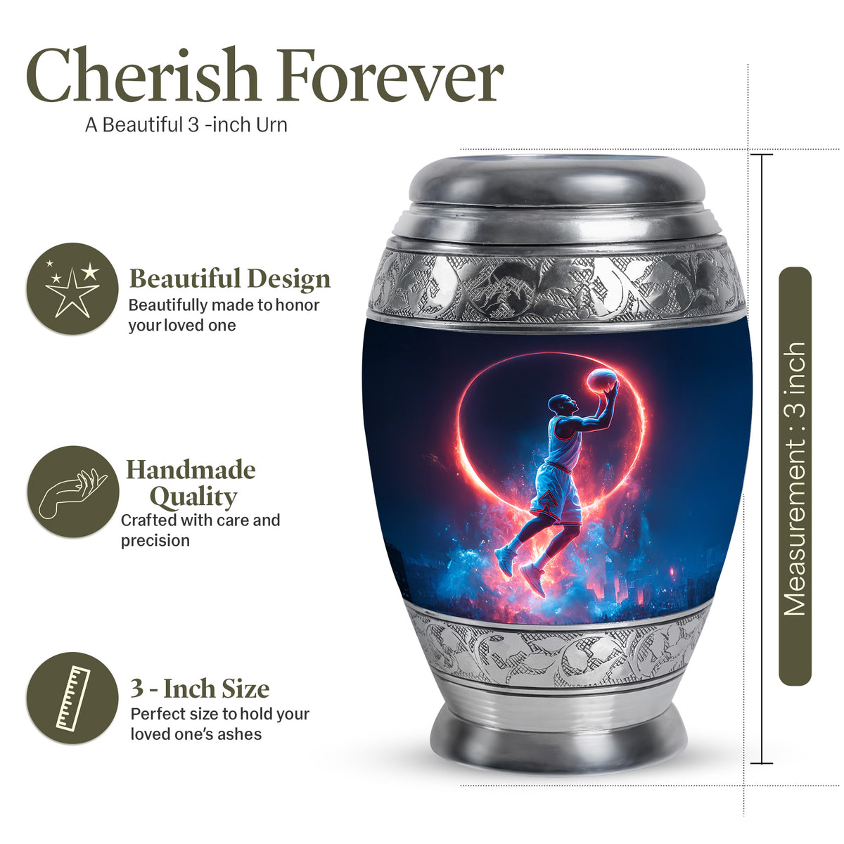 Azure Basketball Cremation Urn lifestyle display on memorial shelf - ornate monarch-style basketball relief on brushed aluminum - mini keepsake memorial for portion of cremation ashes