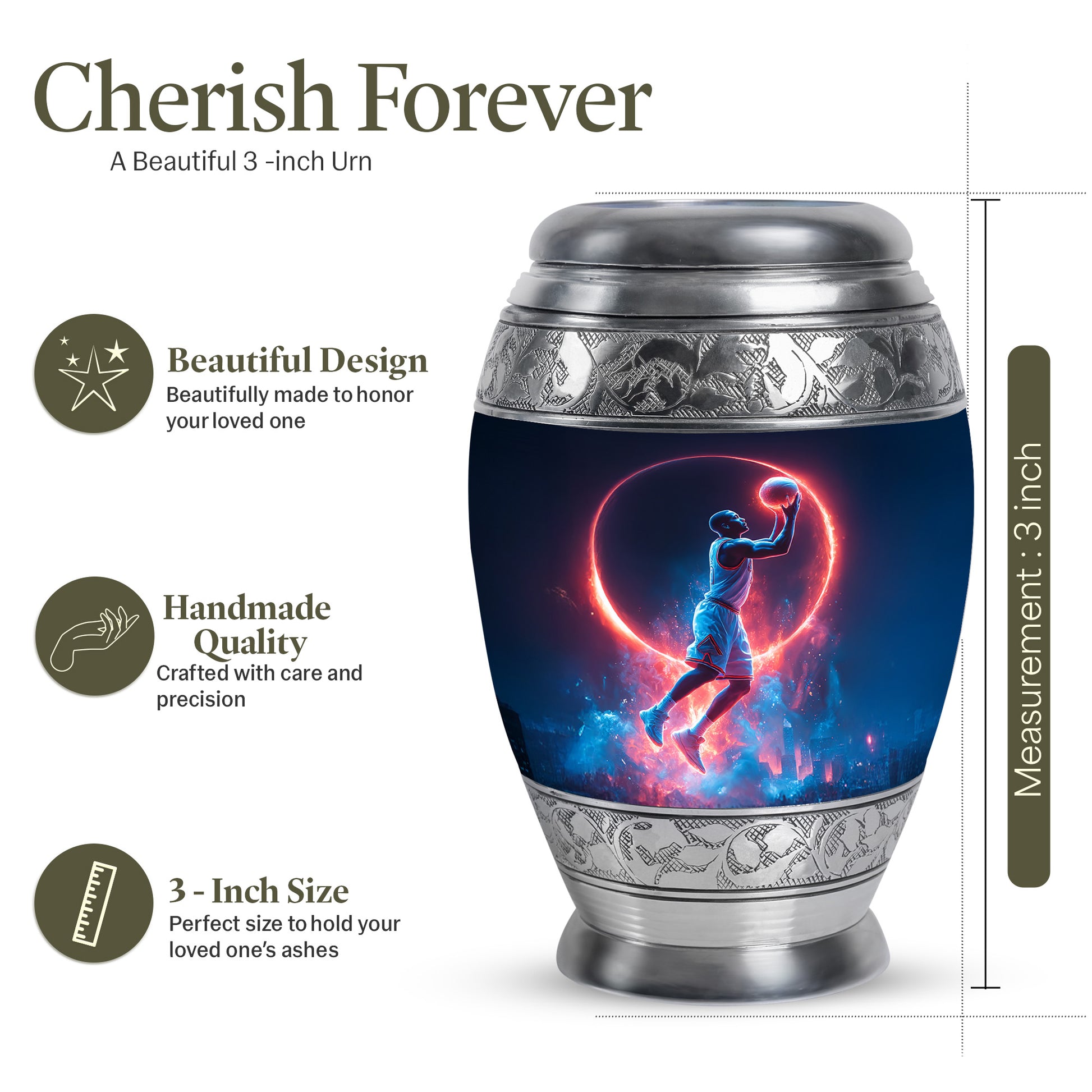 Azure Basketball Cremation Urn lifestyle display on memorial shelf - ornate monarch-style basketball relief on brushed aluminum - mini keepsake memorial for portion of cremation ashes
