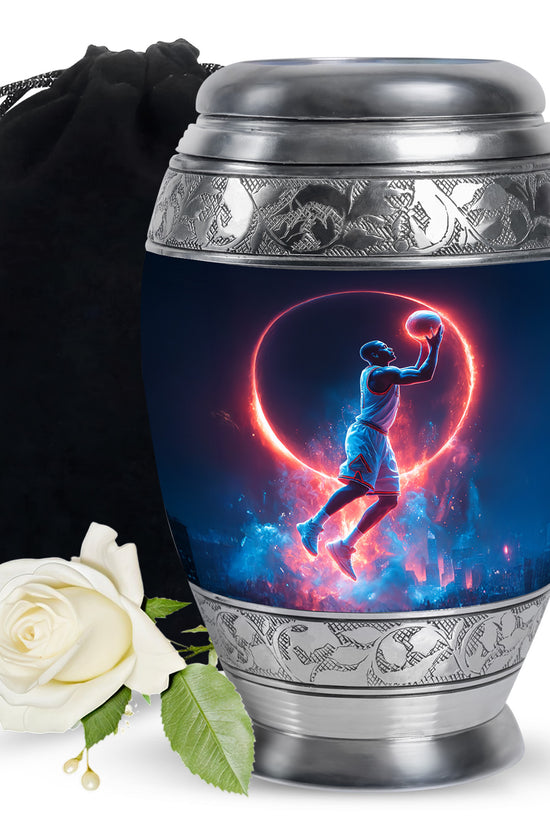 Icy Blue Basketball Cremation Urn back view with polished surface - regal basketball design with crown-inspired accents - full-size 10 inch 200 cubic inch adult cremation urn