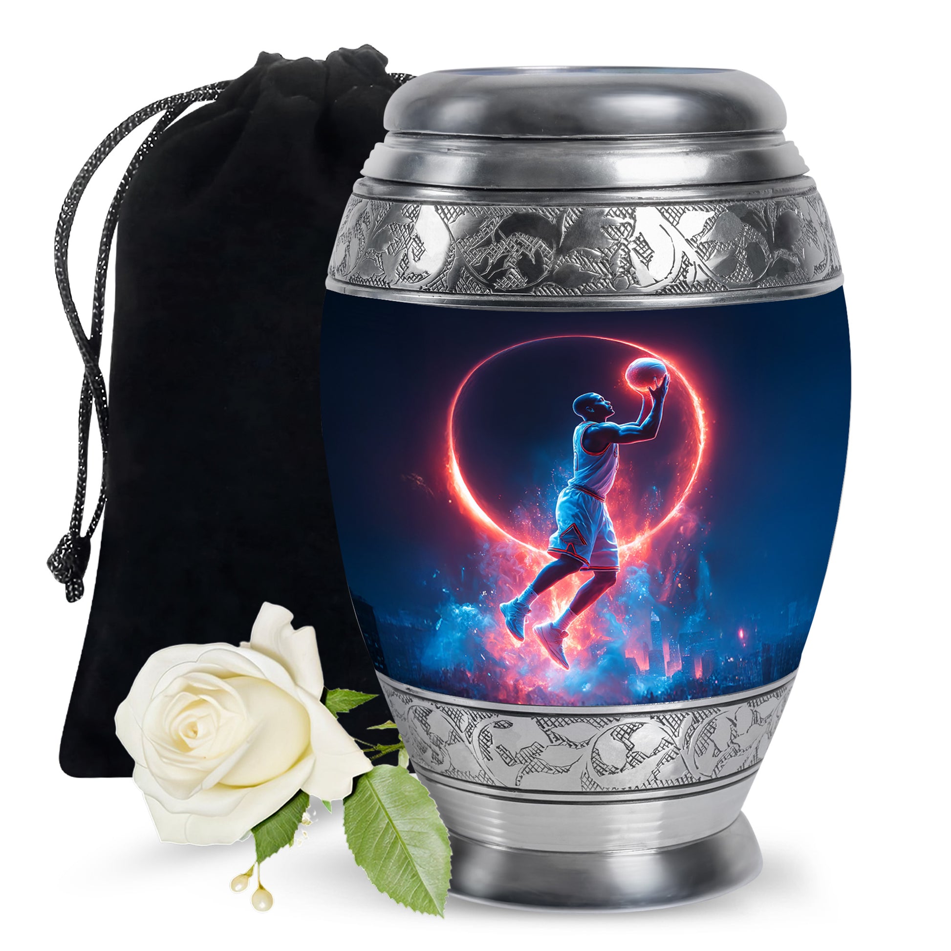 Icy Blue Basketball Cremation Urn back view with polished surface - regal basketball design with crown-inspired accents - full-size 10 inch 200 cubic inch adult cremation urn