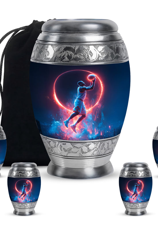 Vivid Blue Basketball Cremation Urn detail view - majestic basketball pattern with filigree border - memorial set with one large and four small urns