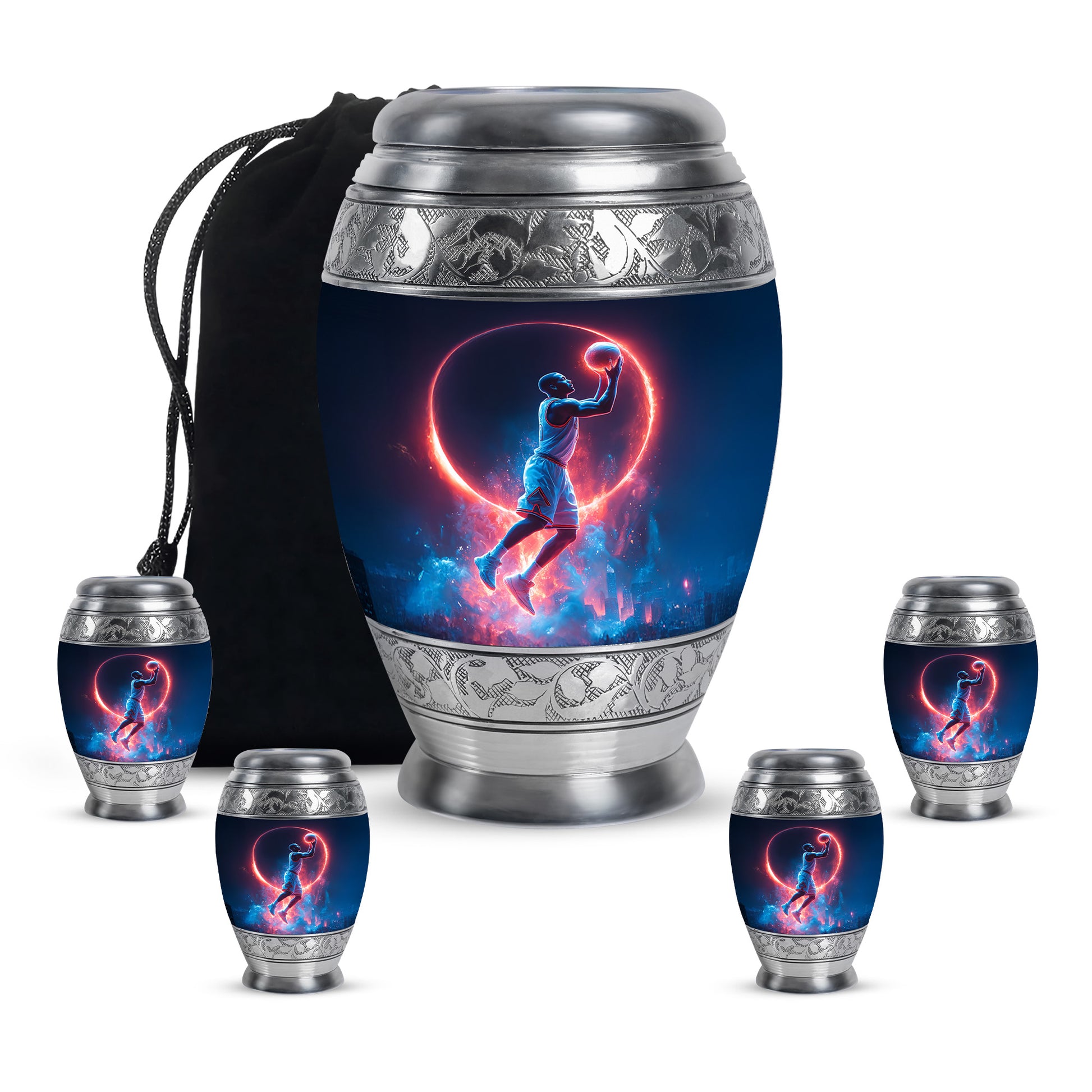 Vivid Blue Basketball Cremation Urn detail view - majestic basketball pattern with filigree border - memorial set with one large and four small urns