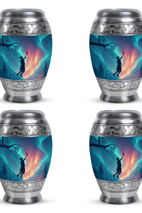 Royal Blue Basketball Cremation Urn urn with complimentary velvet bag - majestic basketball pattern with filigree border - 10 inch aluminum urn for cremated remains