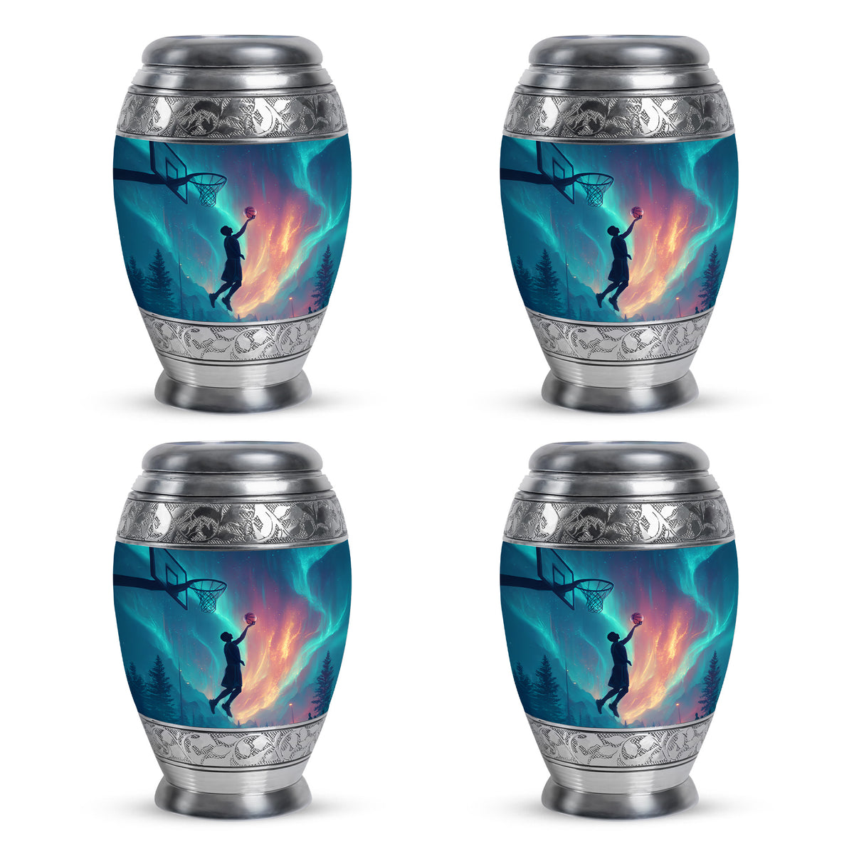 Royal Blue Basketball Cremation Urn urn with complimentary velvet bag - majestic basketball pattern with filigree border - 10 inch aluminum urn for cremated remains