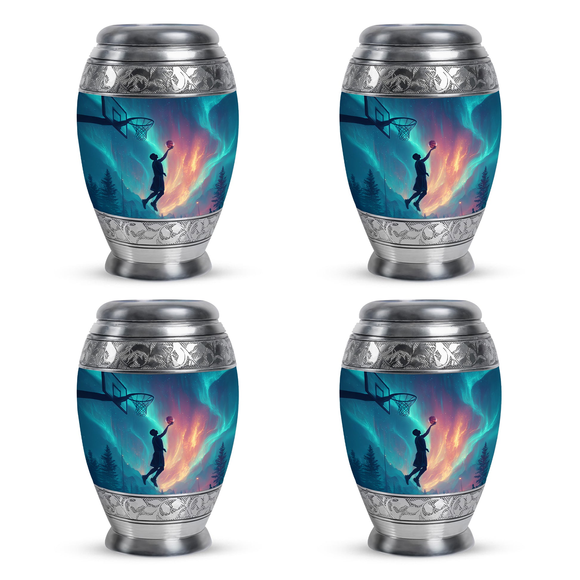 Royal Blue Basketball Cremation Urn urn with complimentary velvet bag - majestic basketball pattern with filigree border - 10 inch aluminum urn for cremated remains