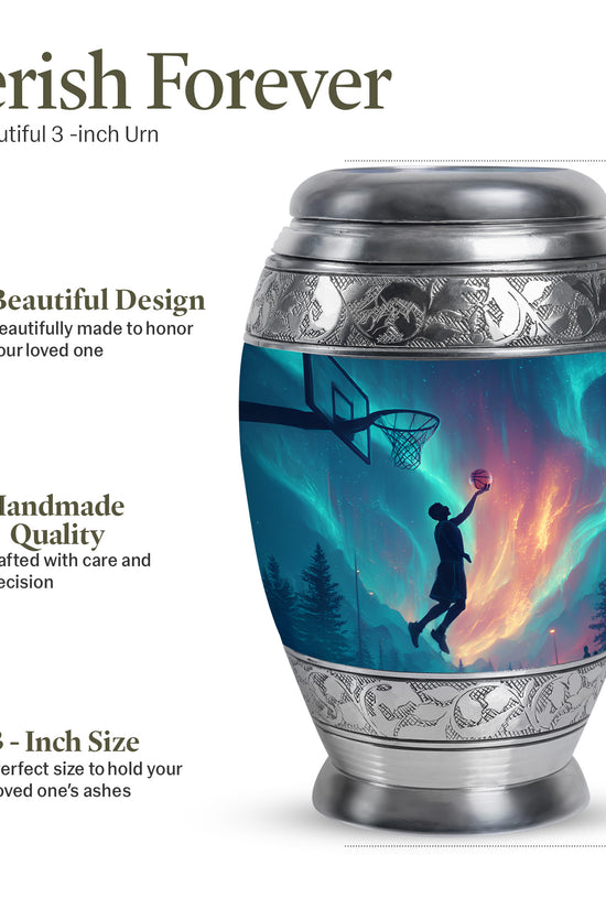 Misty Blue Basketball Cremation Urn lifestyle display on memorial shelf - regal basketball design with crown-inspired accents - mini keepsake memorial for portion of cremation ashes