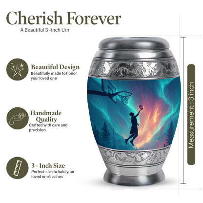Misty Blue Basketball Cremation Urn lifestyle display on memorial shelf - regal basketball design with crown-inspired accents - mini keepsake memorial for portion of cremation ashes