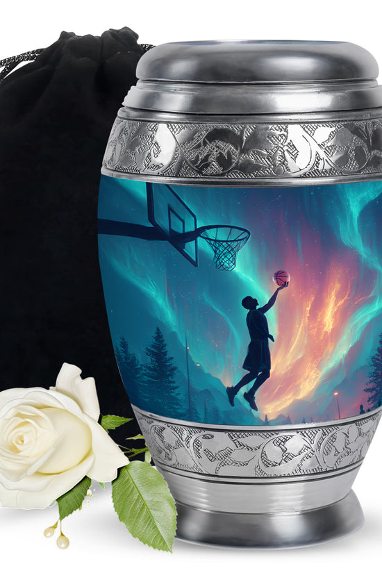 Dusty Blue Basketball Cremation Urn back view with polished surface - ornate monarch-style basketball relief on brushed aluminum - full-size 10 inch 200 cubic inch adult cremation urn