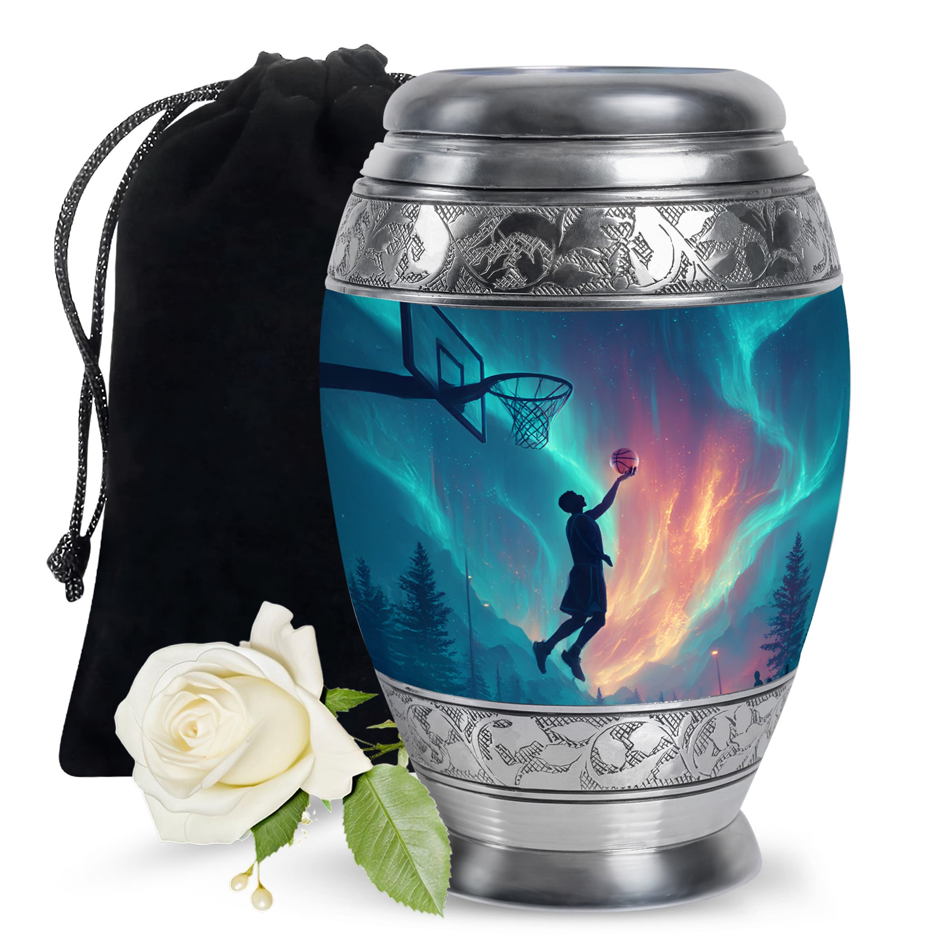 Dusty Blue Basketball Cremation Urn back view with polished surface - ornate monarch-style basketball relief on brushed aluminum - full-size 10 inch 200 cubic inch adult cremation urn
