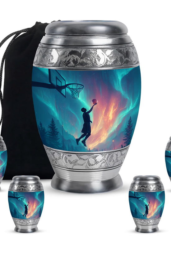 Powder Blue Basketball Cremation Urn detail view - regal basketball design with crown-inspired accents - memorial set with one large and four small urns