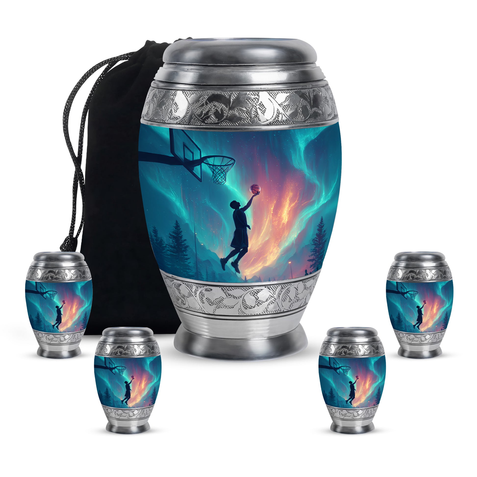 Powder Blue Basketball Cremation Urn detail view - regal basketball design with crown-inspired accents - memorial set with one large and four small urns