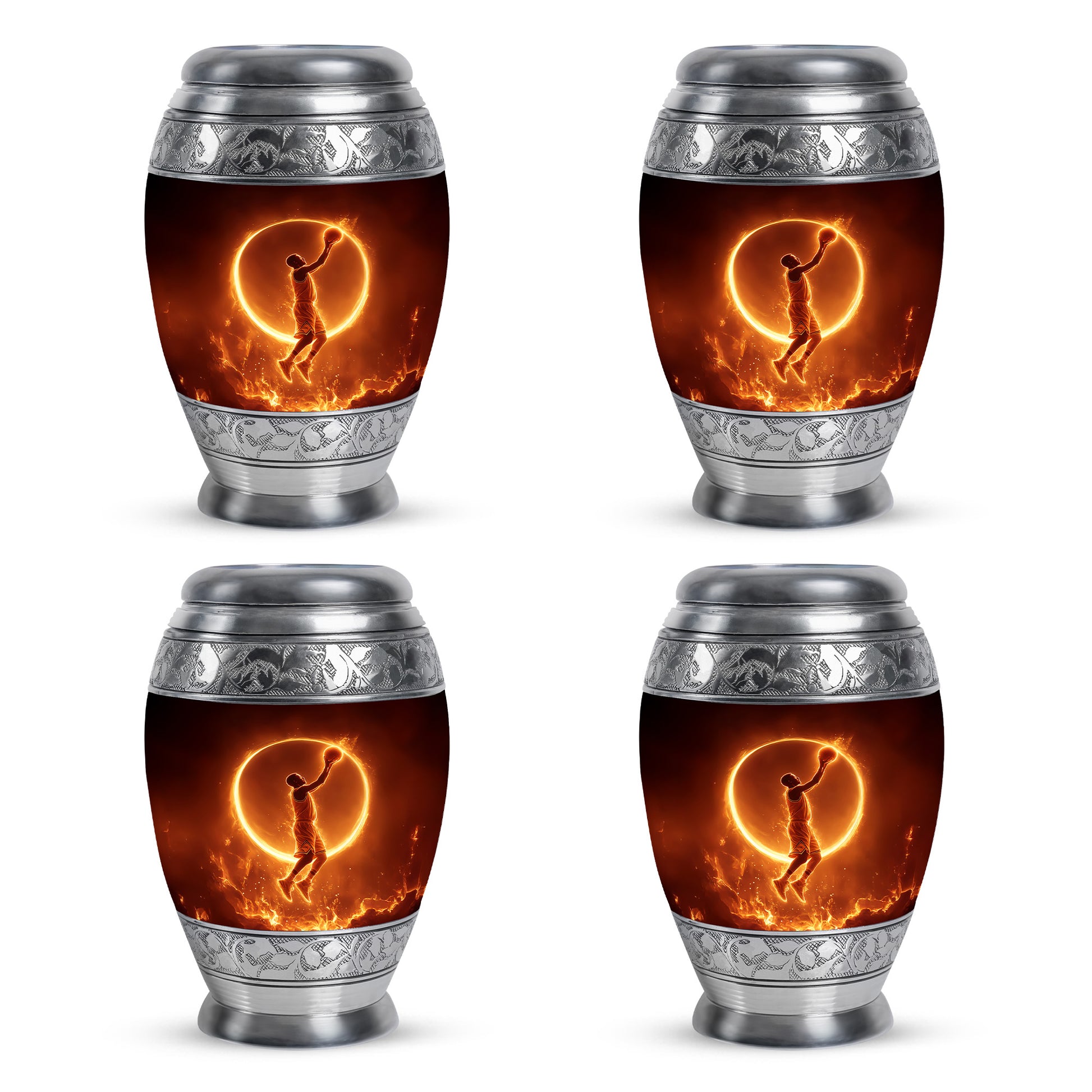 Charcoal Black Basketball Cremation Urn urn with complimentary velvet bag - royal basketball engraving with decorative scrollwork - 10 inch aluminum urn for cremated remains