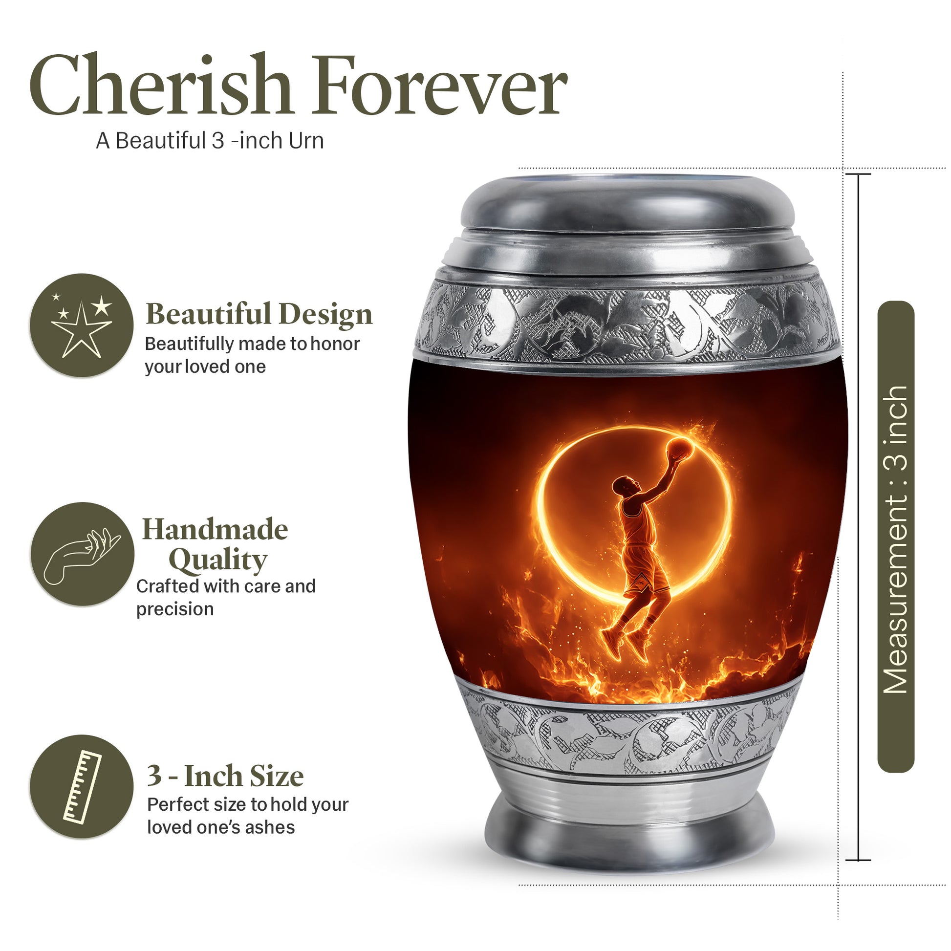 Midnight Black Basketball Cremation Urn lifestyle display on memorial shelf - majestic basketball pattern with filigree border - mini keepsake memorial for portion of cremation ashes