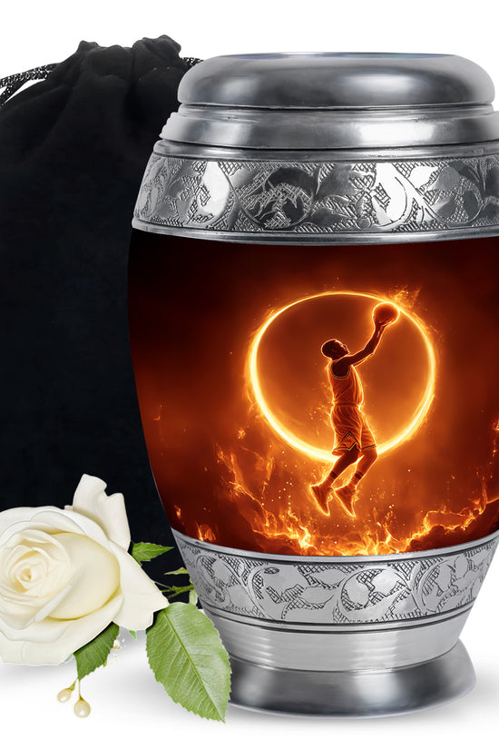 Dark Black Basketball Cremation Urn back view with polished surface - majestic basketball pattern with filigree border - full-size 10 inch 200 cubic inch adult cremation urn