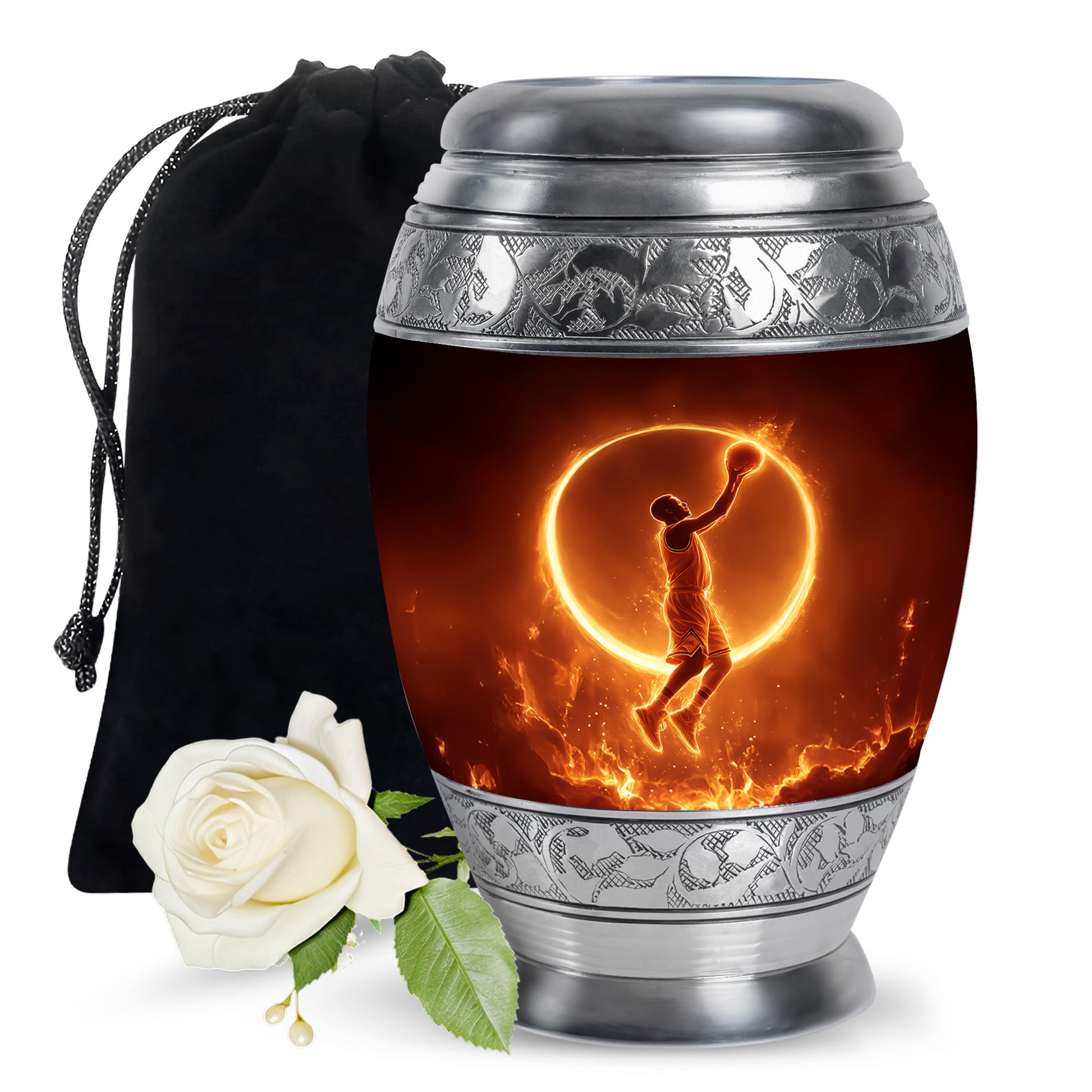 Dark Black Basketball Cremation Urn back view with polished surface - majestic basketball pattern with filigree border - full-size 10 inch 200 cubic inch adult cremation urn