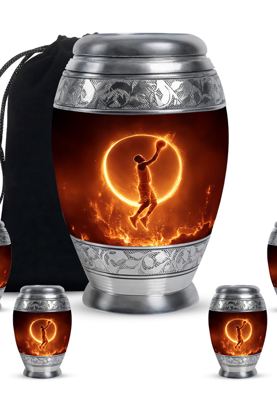 Midnight Black Basketball Cremation Urn detail view - majestic basketball pattern with filigree border - memorial set with one large and four small urns