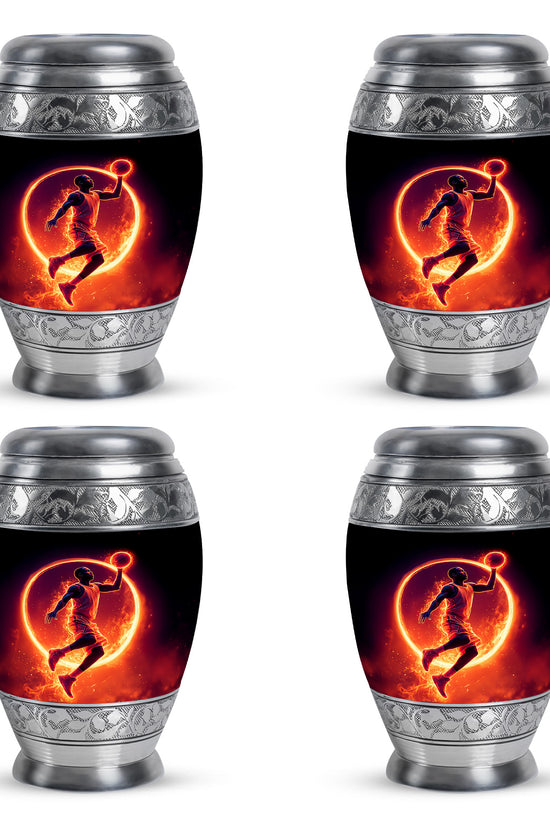 Obsidian Black Basketball Cremation Urn urn with complimentary velvet bag - royal basketball engraving with decorative scrollwork - 10 inch aluminum urn for cremated remains