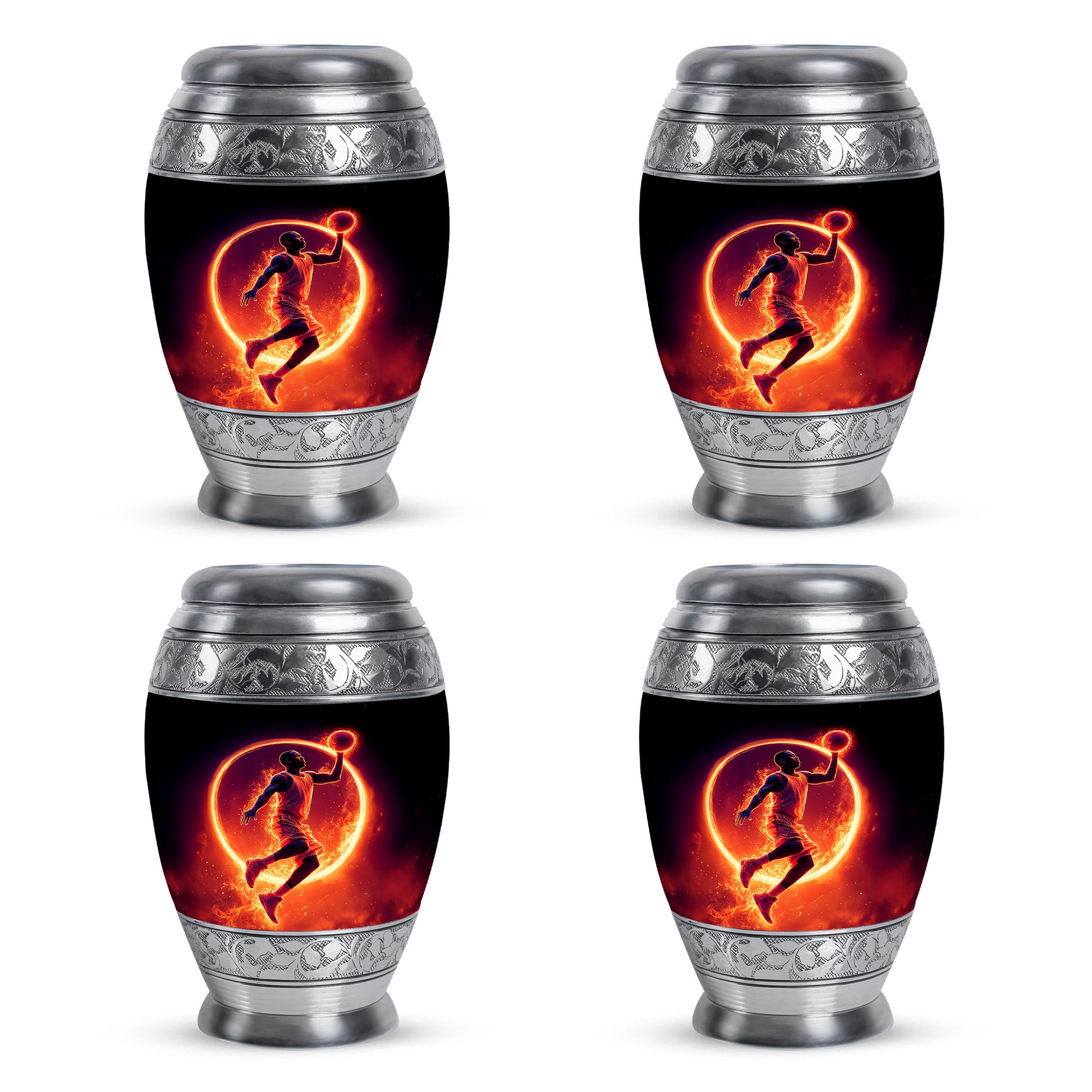 Obsidian Black Basketball Cremation Urn urn with complimentary velvet bag - royal basketball engraving with decorative scrollwork - 10 inch aluminum urn for cremated remains