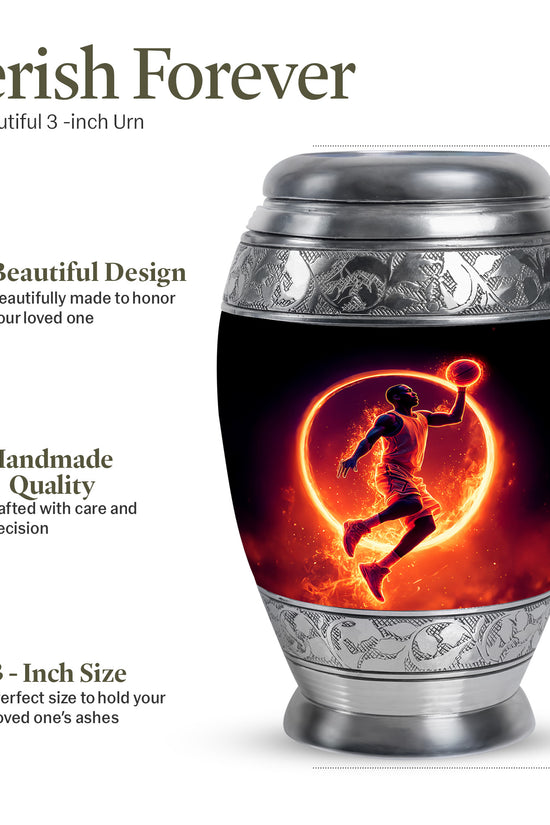 Charcoal Black Basketball Cremation Urn lifestyle display on memorial shelf - royal basketball engraving with decorative scrollwork - mini keepsake memorial for portion of cremation ashes