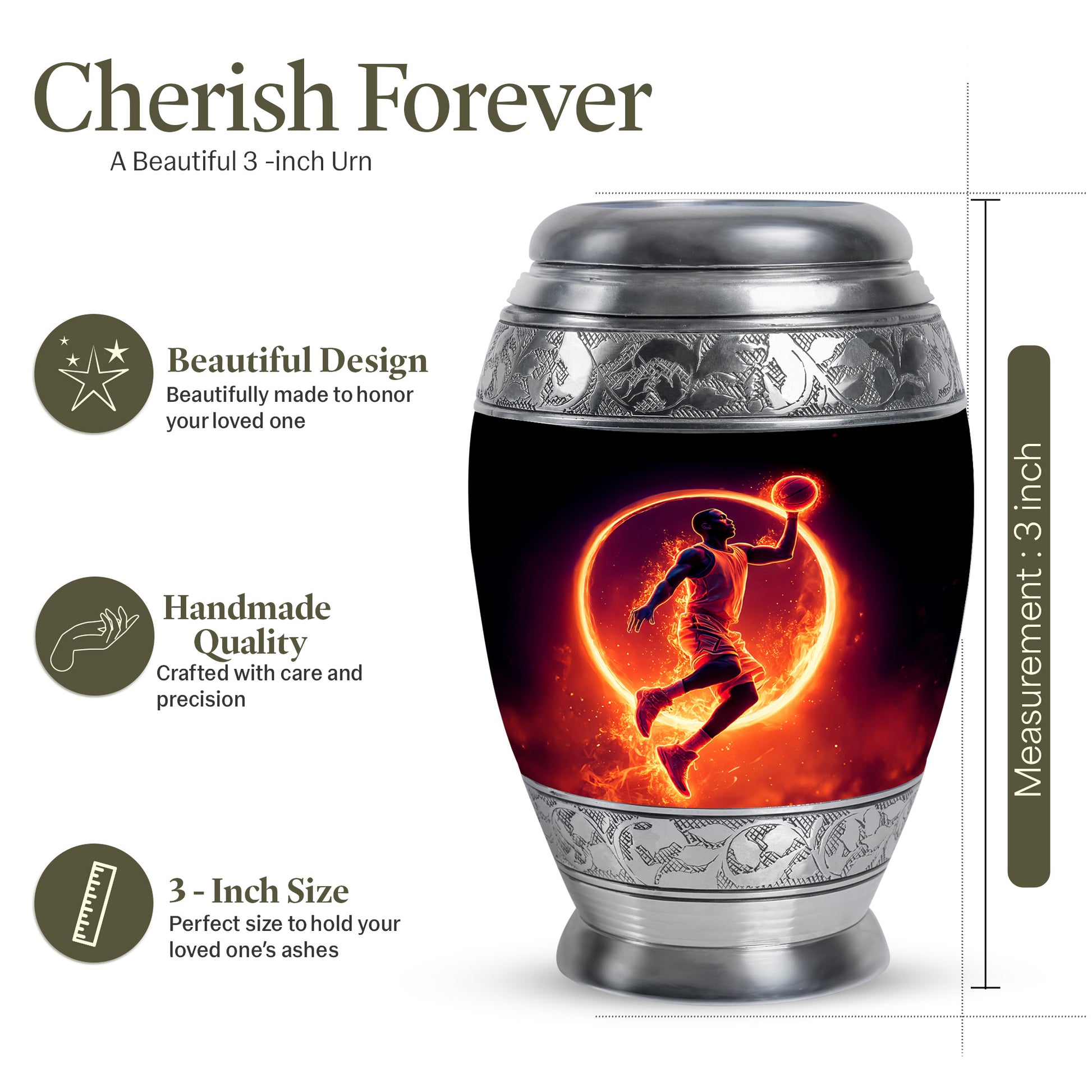 Charcoal Black Basketball Cremation Urn lifestyle display on memorial shelf - royal basketball engraving with decorative scrollwork - mini keepsake memorial for portion of cremation ashes