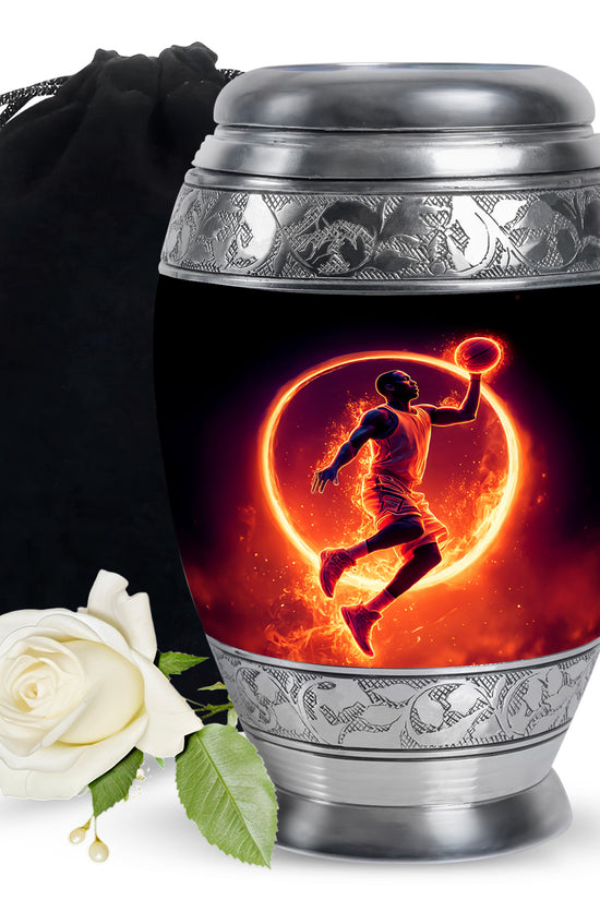 Obsidian Black Basketball Cremation Urn back view with polished surface - royal basketball engraving with decorative scrollwork - full-size 10 inch 200 cubic inch adult cremation urn