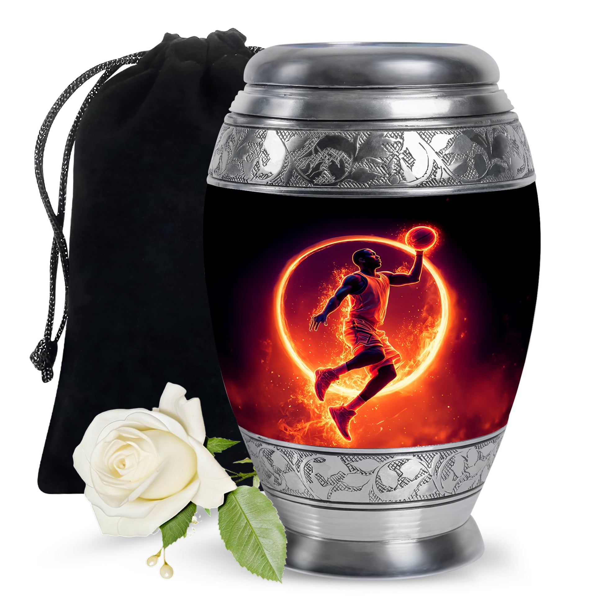 Obsidian Black Basketball Cremation Urn back view with polished surface - royal basketball engraving with decorative scrollwork - full-size 10 inch 200 cubic inch adult cremation urn