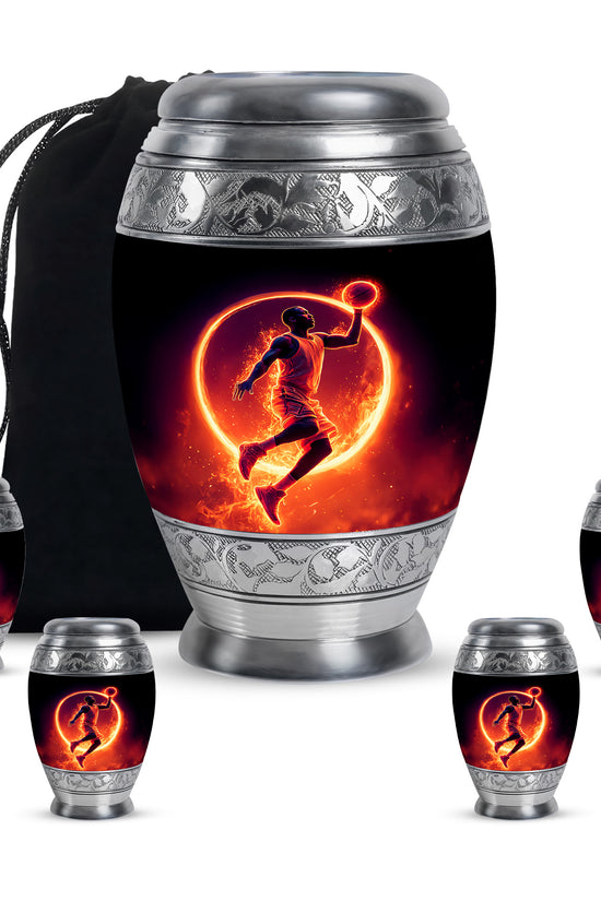 Glossy Black Basketball Cremation Urn detail view - regal basketball design with crown-inspired accents - memorial set with one large and four small urns