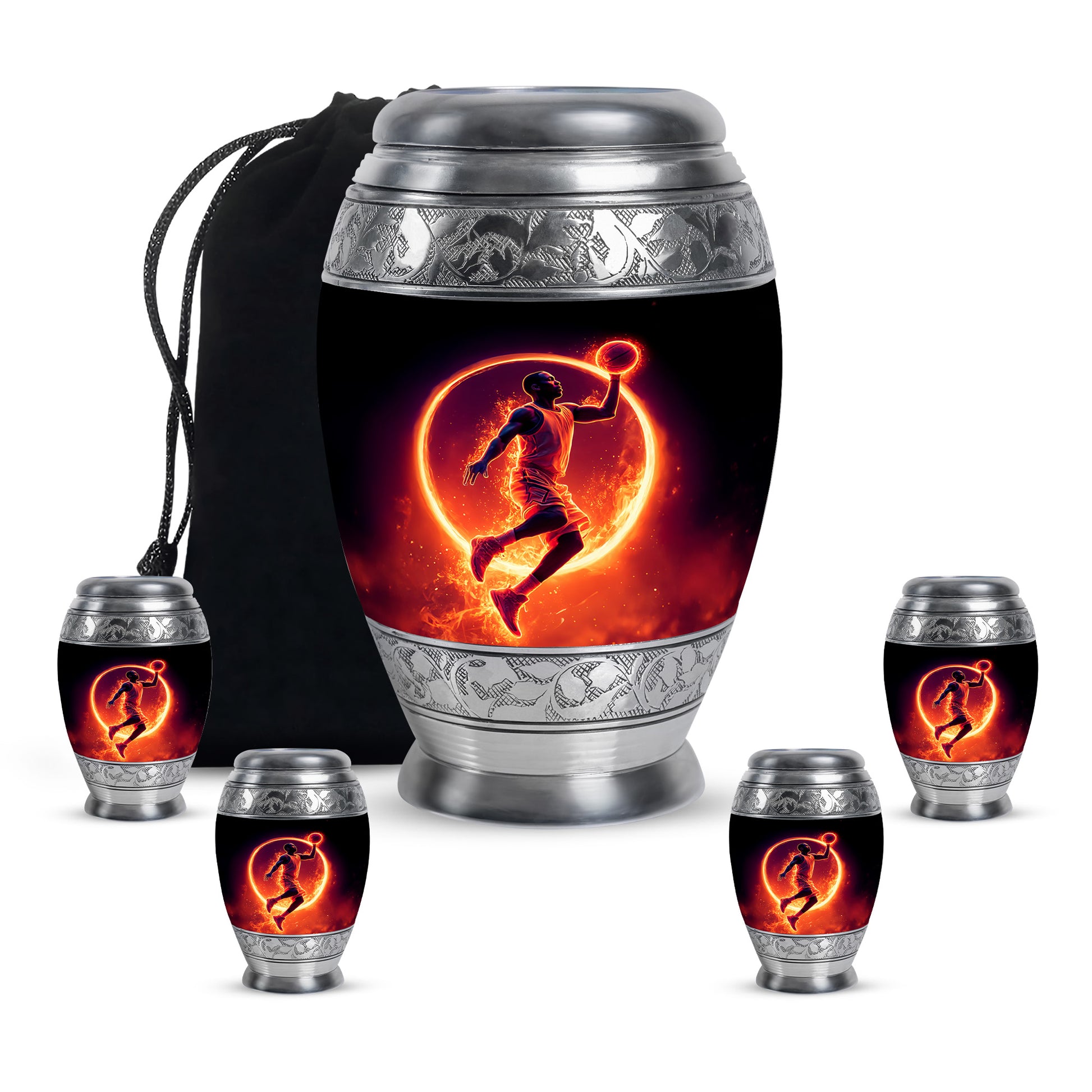 Glossy Black Basketball Cremation Urn detail view - regal basketball design with crown-inspired accents - memorial set with one large and four small urns