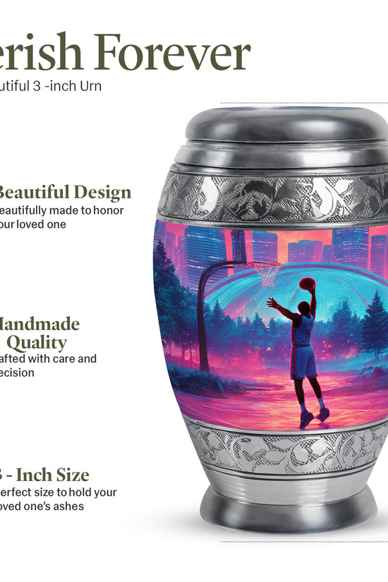 Rich Red Basketball Cremation Urn lifestyle display on memorial shelf - majestic basketball pattern with filigree border - mini keepsake memorial for portion of cremation ashes