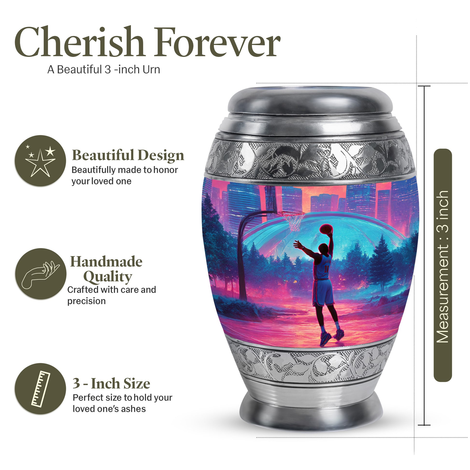 Rich Red Basketball Cremation Urn lifestyle display on memorial shelf - majestic basketball pattern with filigree border - mini keepsake memorial for portion of cremation ashes