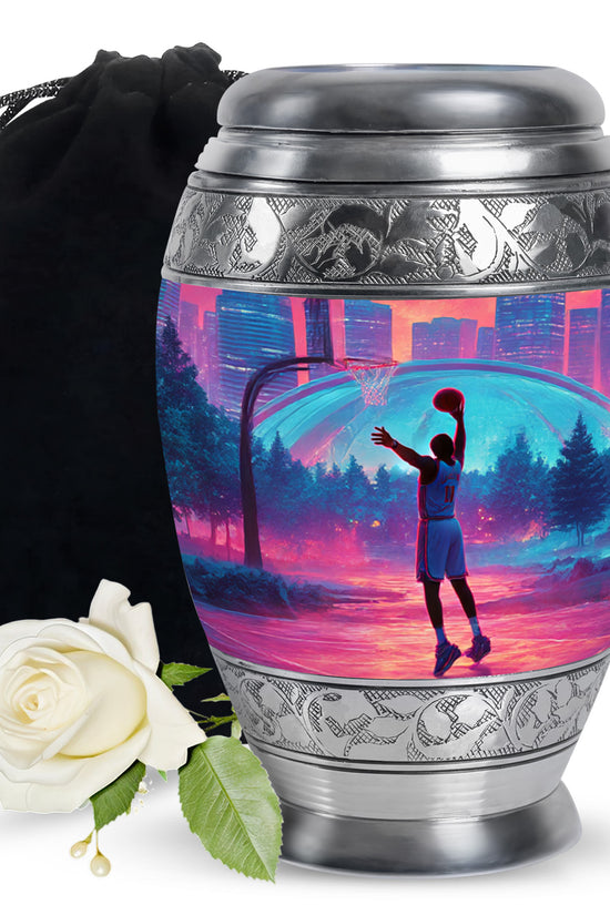 Rich Red Basketball Cremation Urn back view with polished surface - royal basketball engraving with decorative scrollwork - full-size 10 inch 200 cubic inch adult cremation urn