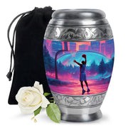 Rich Red Basketball Cremation Urn back view with polished surface - royal basketball engraving with decorative scrollwork - full-size 10 inch 200 cubic inch adult cremation urn