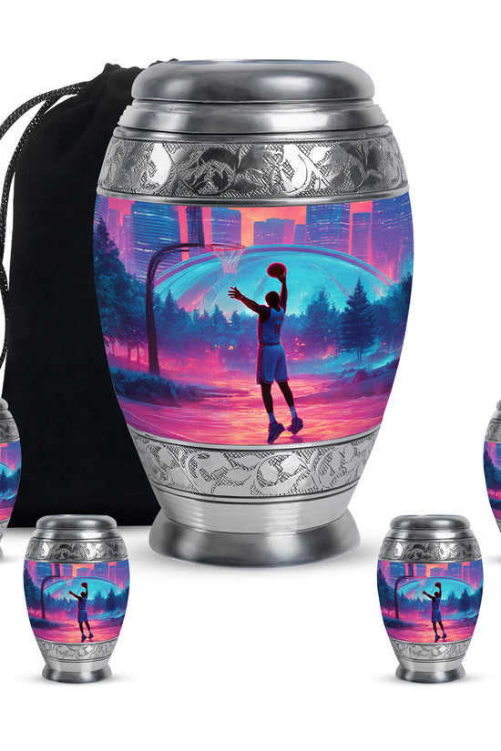 Cherry Red Basketball Cremation Urn detail view - royal basketball engraving with decorative scrollwork - memorial set with one large and four small urns