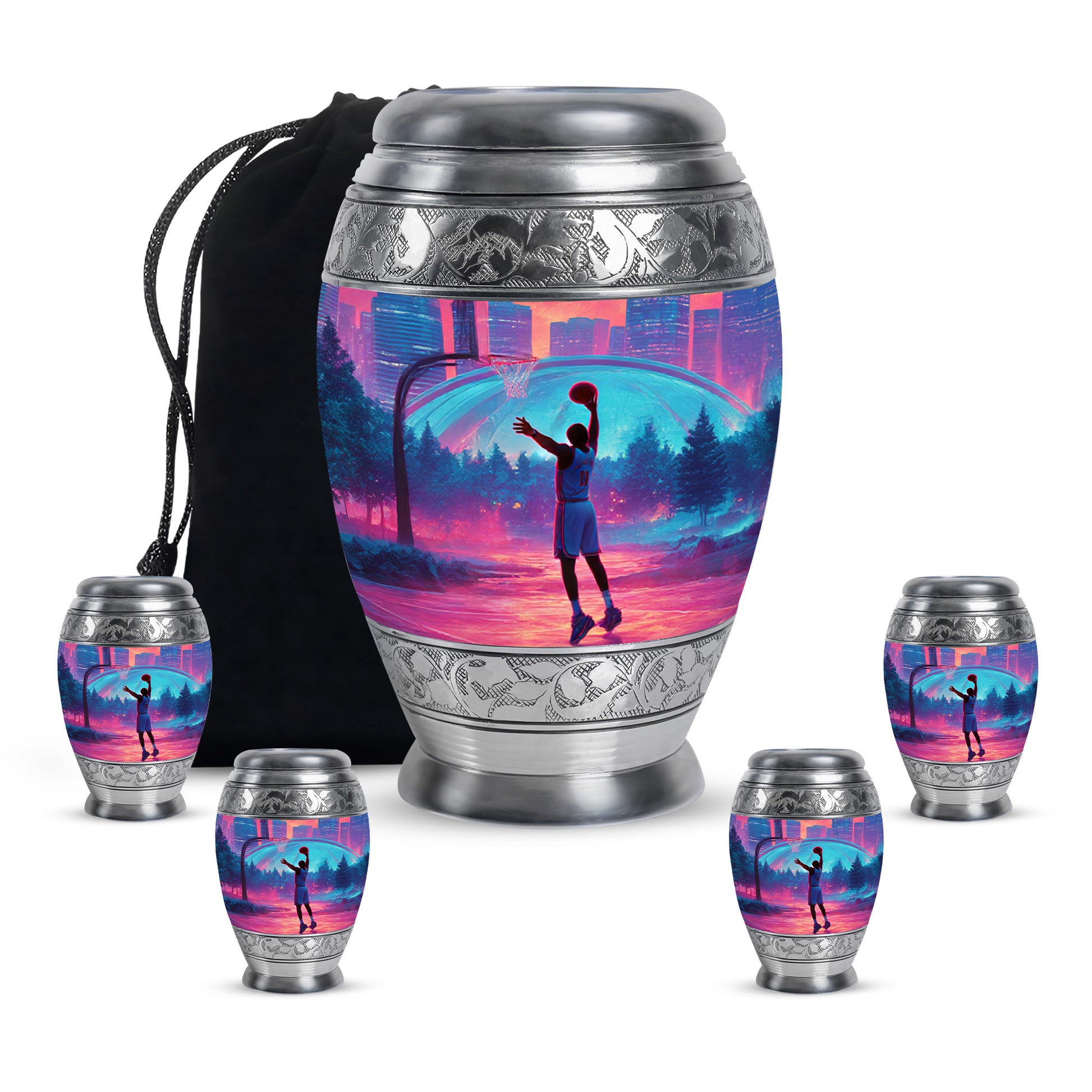 Cherry Red Basketball Cremation Urn detail view - royal basketball engraving with decorative scrollwork - memorial set with one large and four small urns